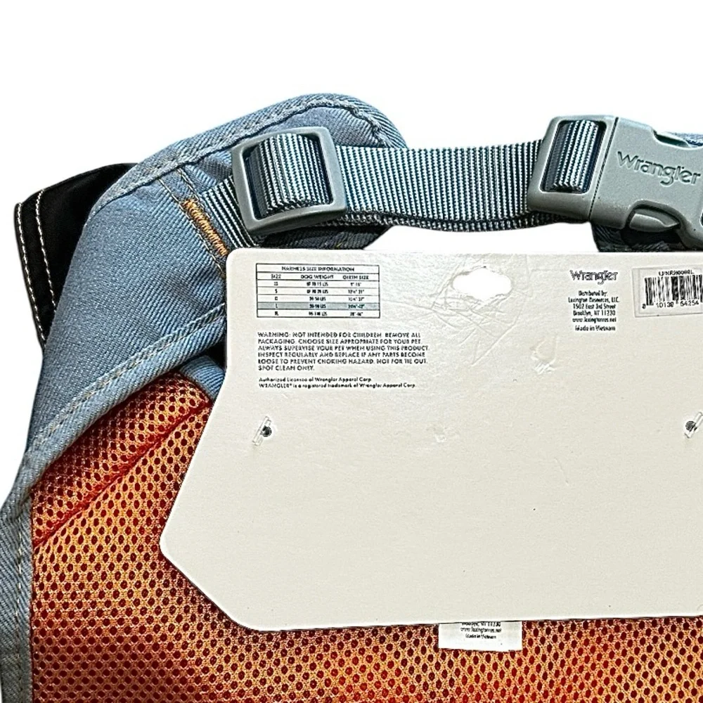 Wrangler Dog Harness Vest Light Blue Denim, Orange Mesh Lining, Trucker Style L